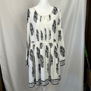 Velzera Boho Bohemian Leaf Print & Lace Tunic Dress White Black NWT